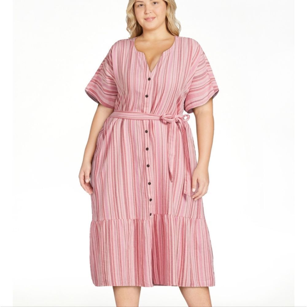 Terra & Sky Dolman Sleeve Midi Shirt Dress Pink Stripe in 1X 2X 3X or 4X, NEW